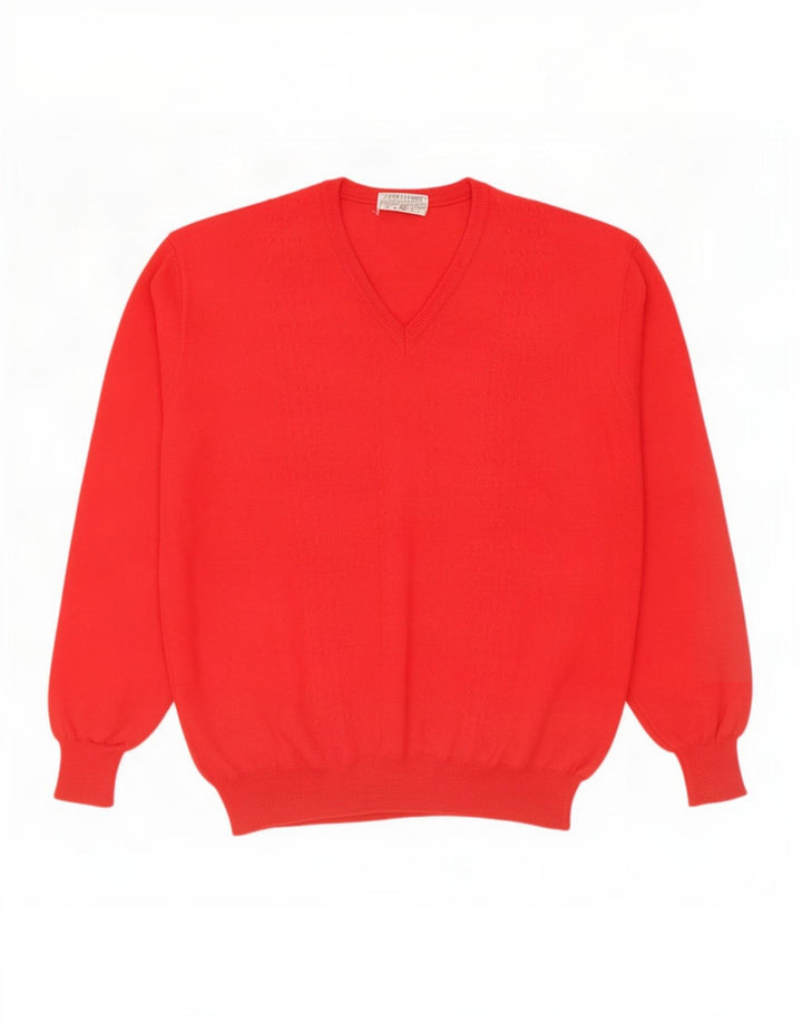 vintage Mens V-Col Jumper Pull Grande Laine Vierge Rouge