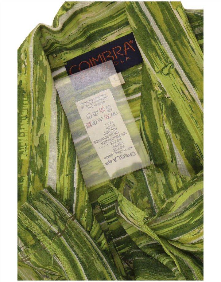 VINTAGE Femme 3/4 Manches Chemise Blouse UK 14 Viscose Rayée Vert Moyen