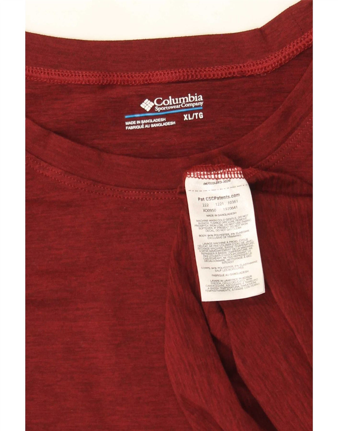 Columbia T-Shirt Homme Top XL Bordeaux Polyester