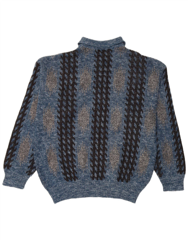 vintage Mens Polo Neck Jumper Pull Moyen Bleu Géométrique