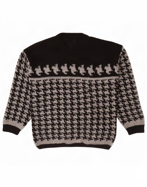 vintage Mens Crew Neck Jumper Pull Moyen Noir Pied-de-poule