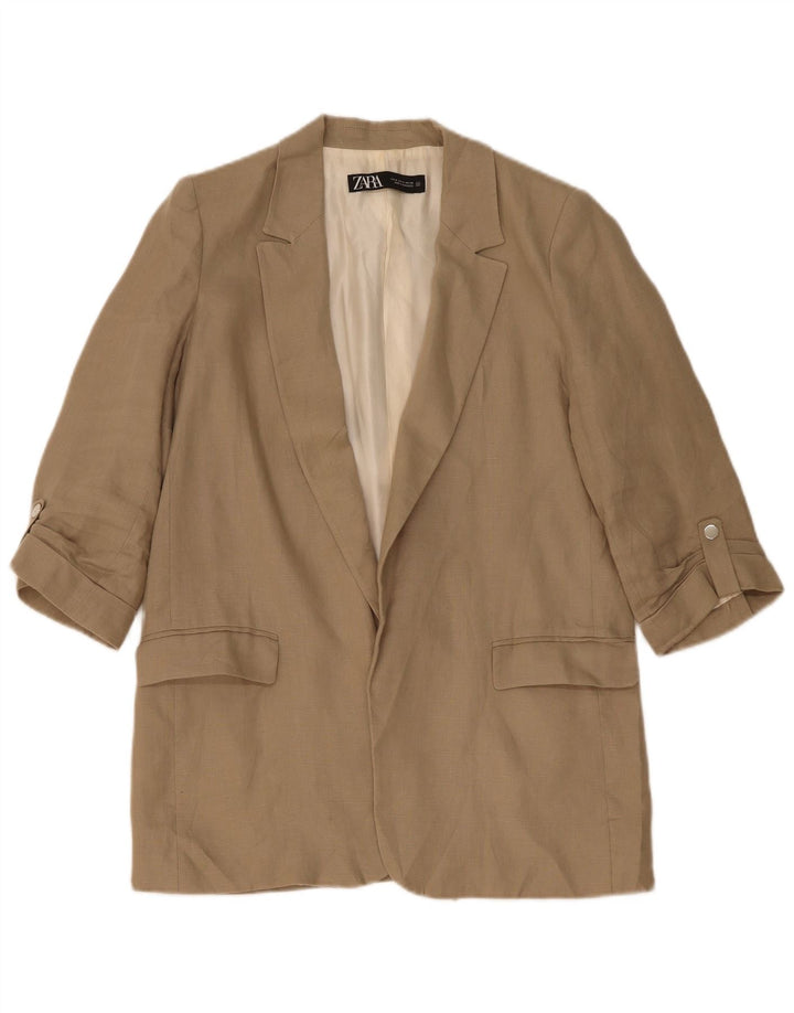 Zara Veste blazer ouverte à manches 3/4 pour femme UK 14 Lin beige moyen