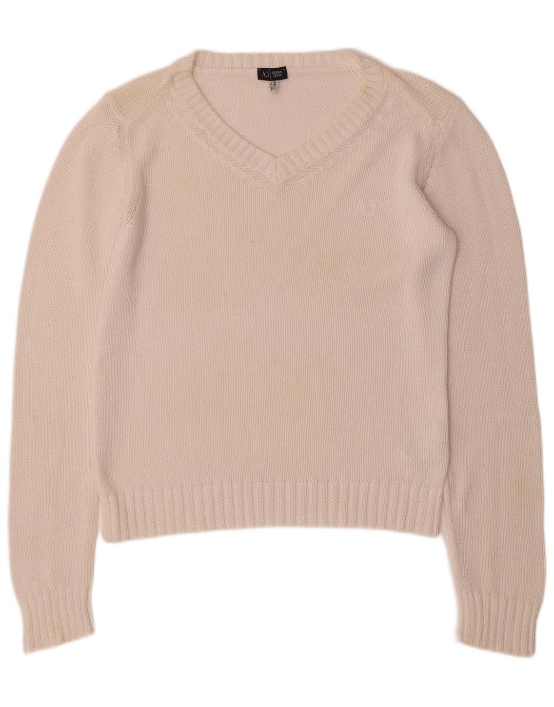 ARMANI JEANS Pull col en V pour femme UK 16 Grand coton blanc