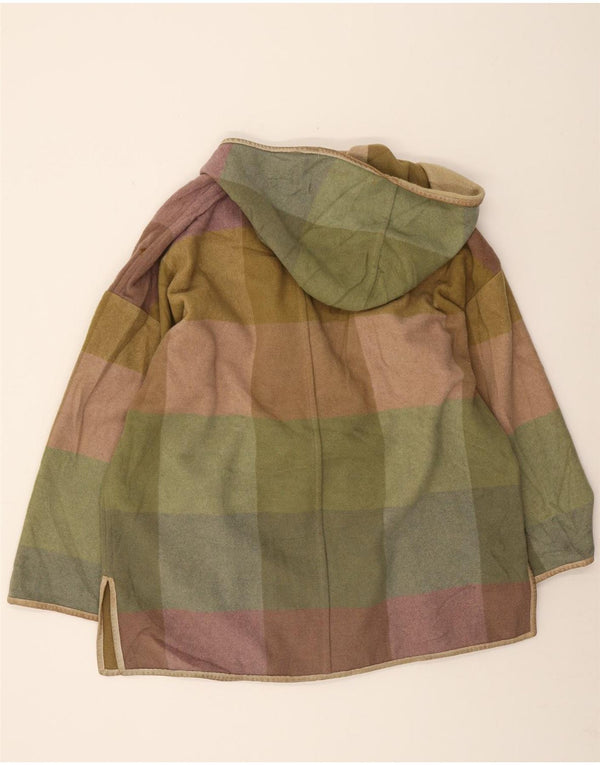 vintage Femme À Capuchon Surdimensionné Duffle Coat IT 42 Moyen Kaki Check Laine