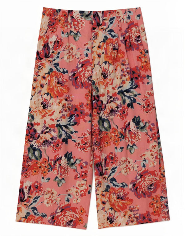 Zara Womens High Waist Wide Leg Capri Trousers Medium W28 L22 Pink Floral