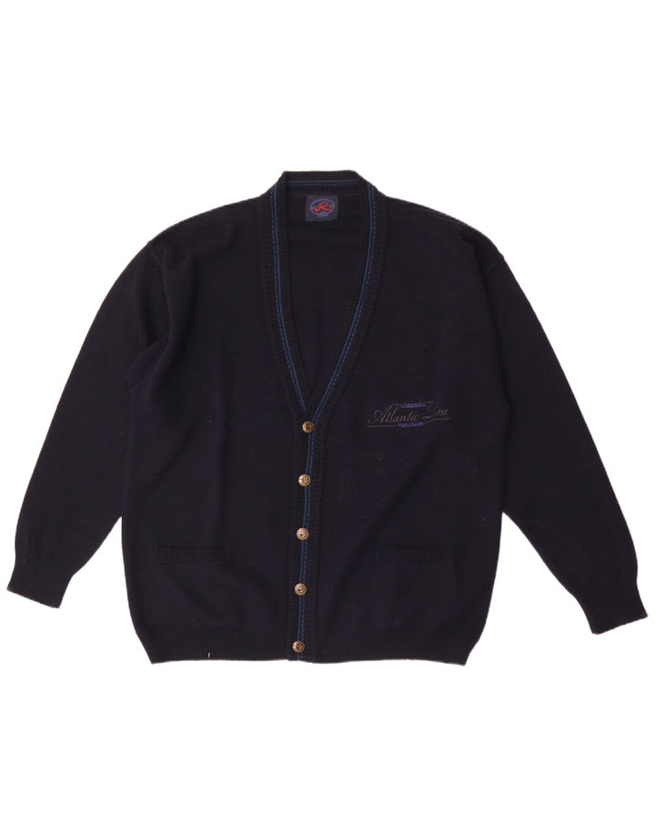 vintage Mens Graphic Cardigan Pull XL Bleu Marine Laine