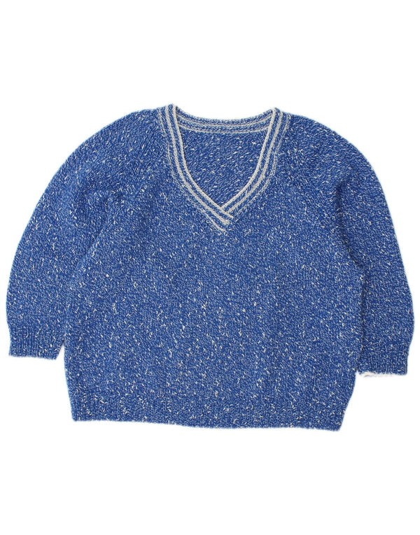 VINTAGE Femme Loose Fit V-Col Jumper Pull UK 14 Bleu Moyen Moucheté