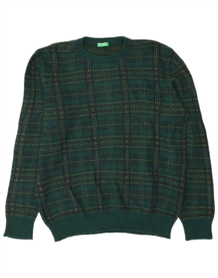 Benetton Pull col rond homme XL laine à carreaux vert