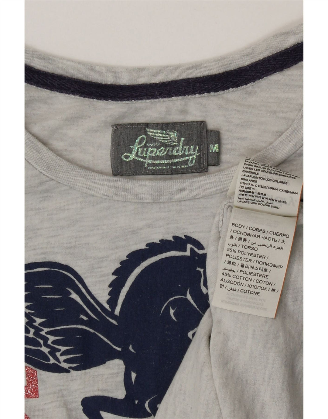 Superdry T-Shirt Graphique Femme UK 12 Gris Moyen Polyester Moucheté