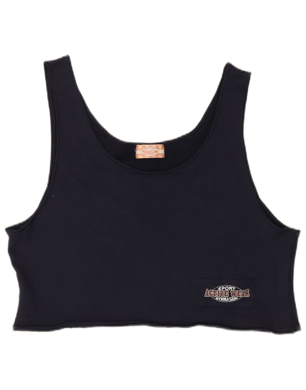 vintage Womens Crop Vest Top UK 14 Coton Bleu Marine Moyen