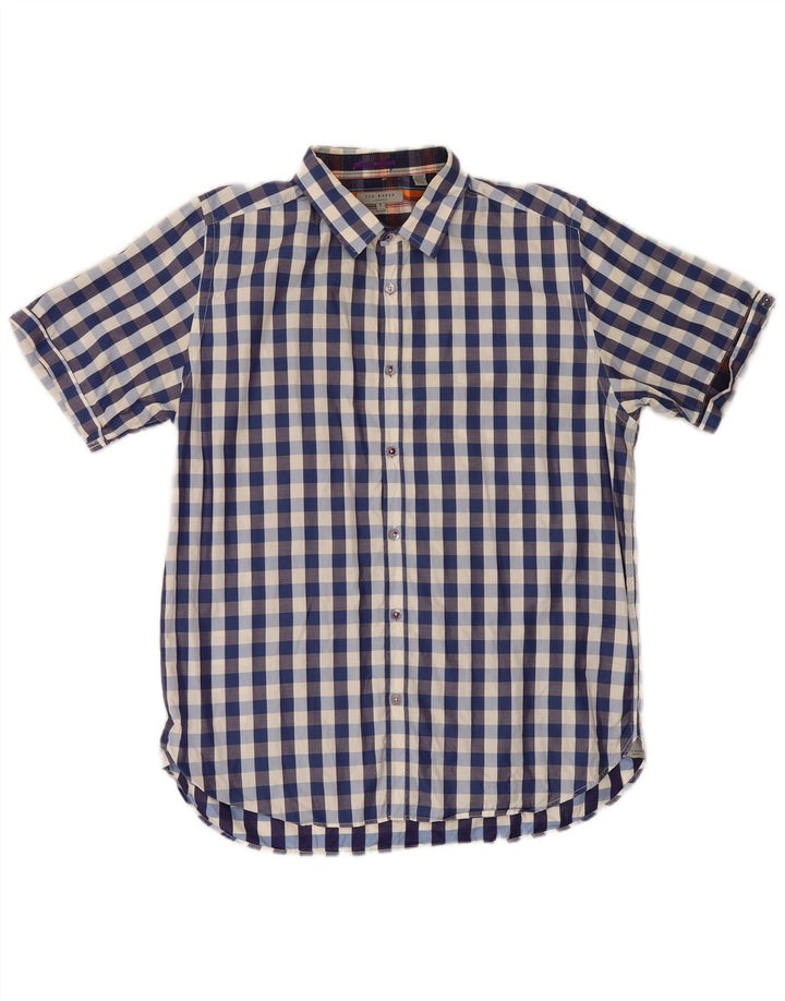 Ted Baker Chemise à manches courtes pour homme Taille 5 XL Bleu marine à carreaux en coton