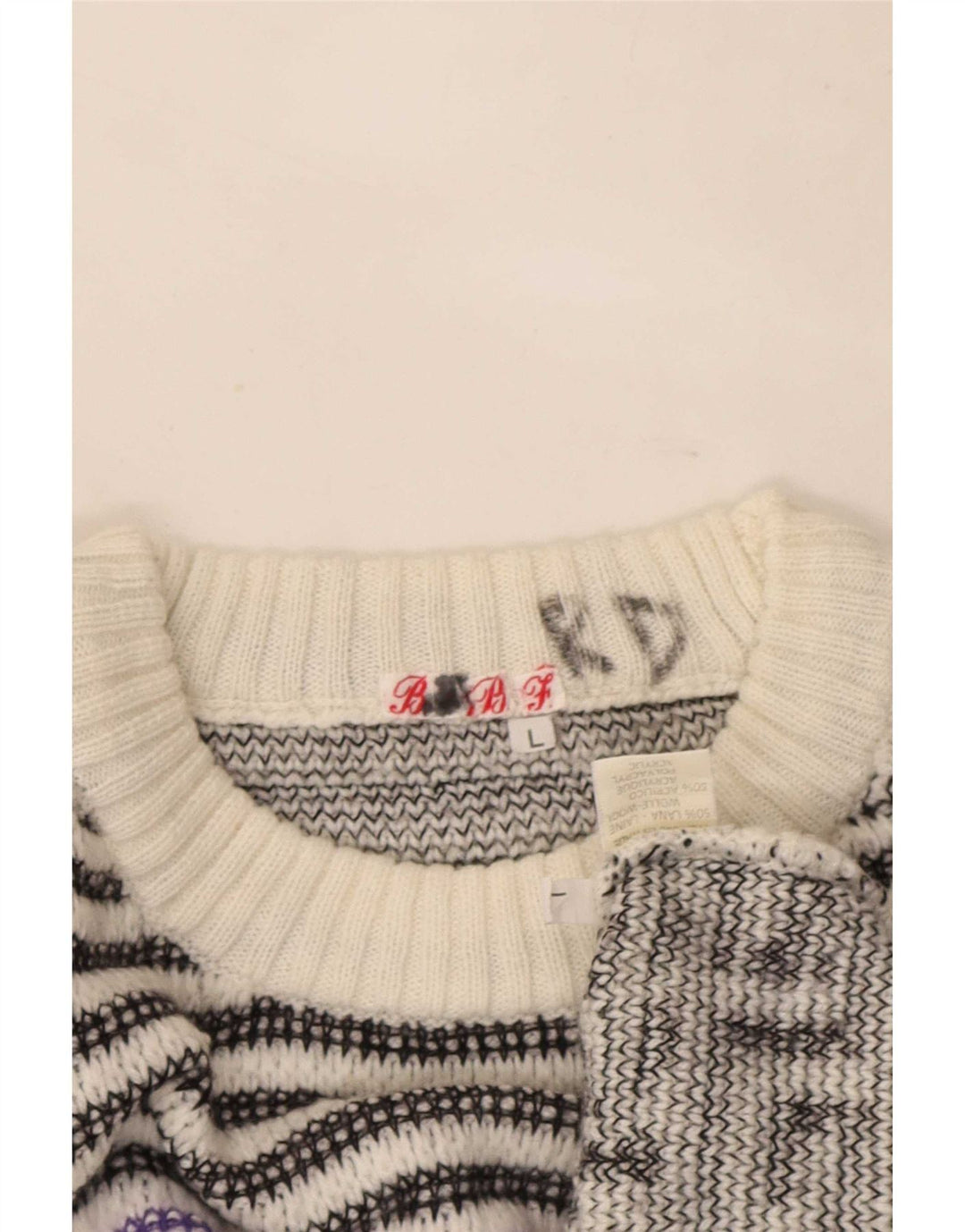vintage Mens Crew Neck Jumper Pull Grande laine géométrique blanche