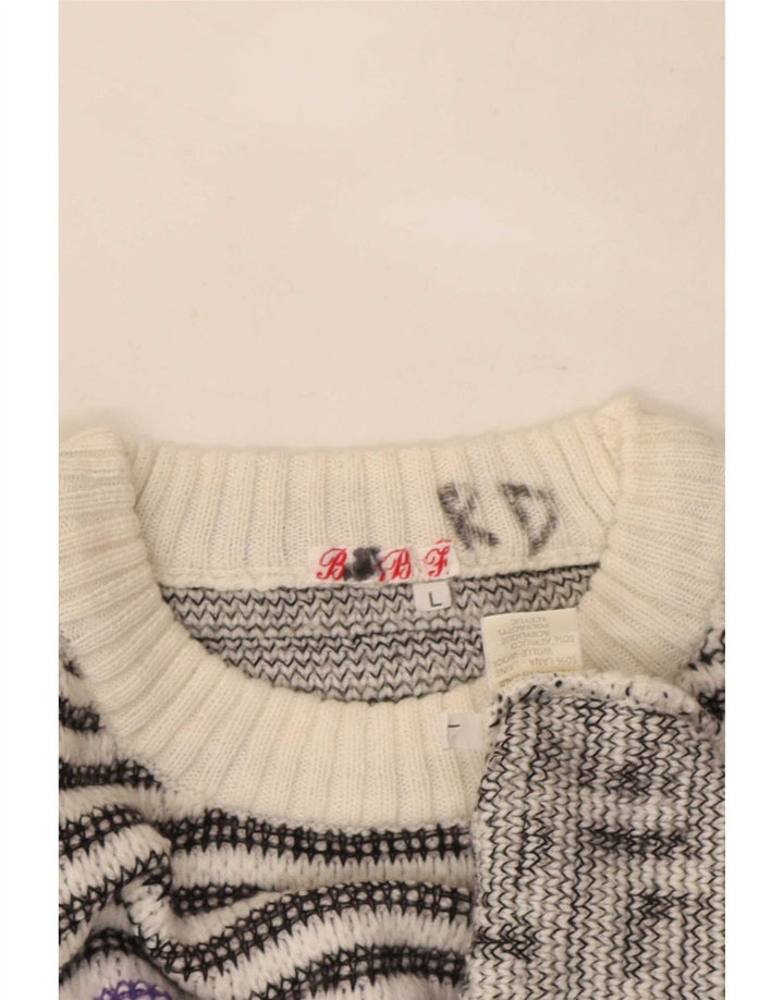 vintage Mens Crew Neck Jumper Pull Grande laine géométrique blanche