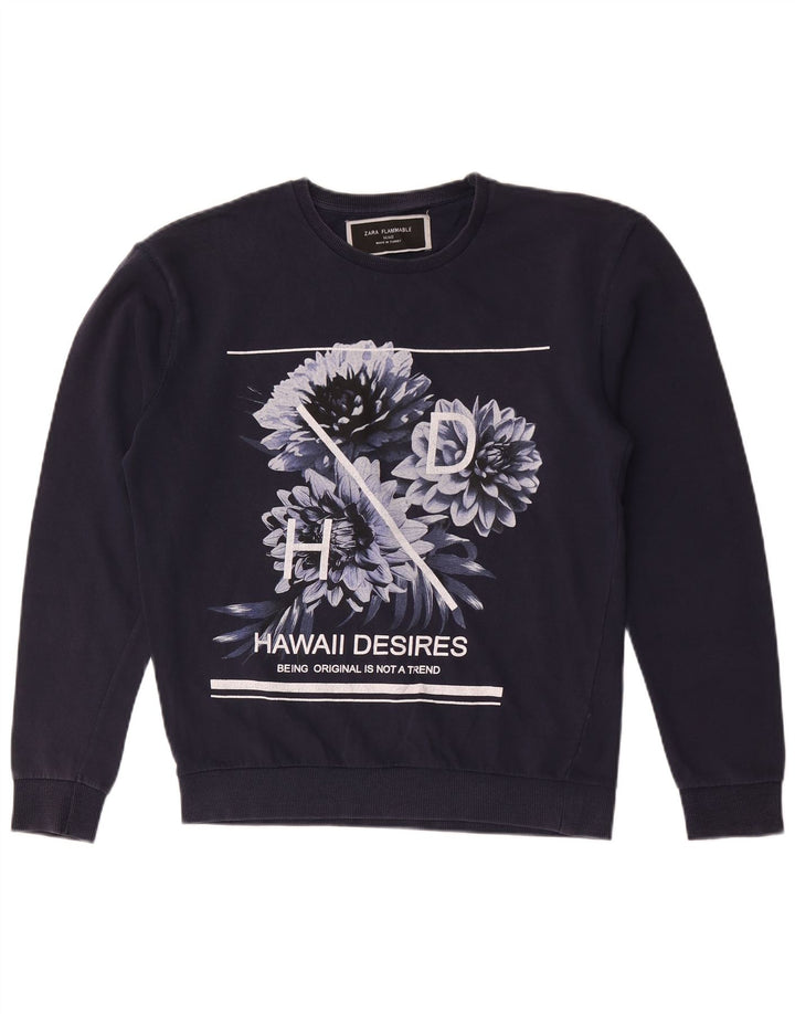 Zara Womens Graphic Sweatshirt Jumper UK 14 Moyen Bleu Marine Floral