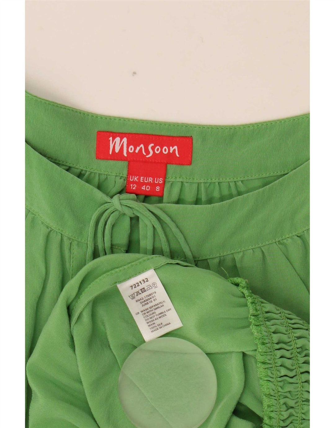 Monsoon Chemisier à manches 3/4 pour femme UK 12 en soie vert moyen