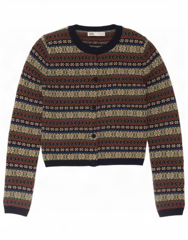 Zara Cardigan Femme Pull UK 10 Petit Multicolore Fair Isle Polyamide