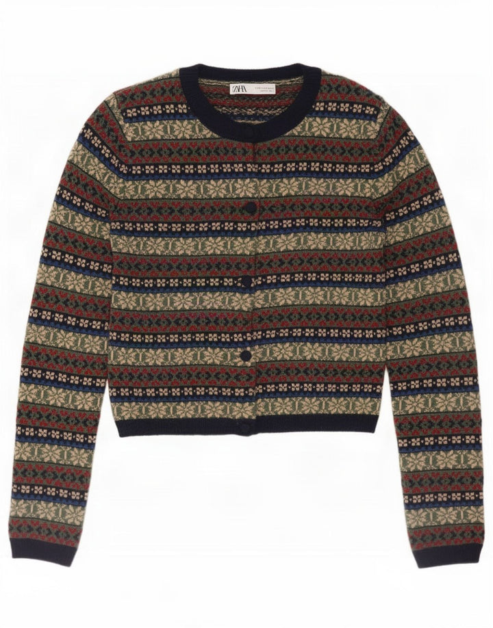 Zara Cardigan Femme Pull UK 10 Petit Multicolore Fair Isle Polyamide