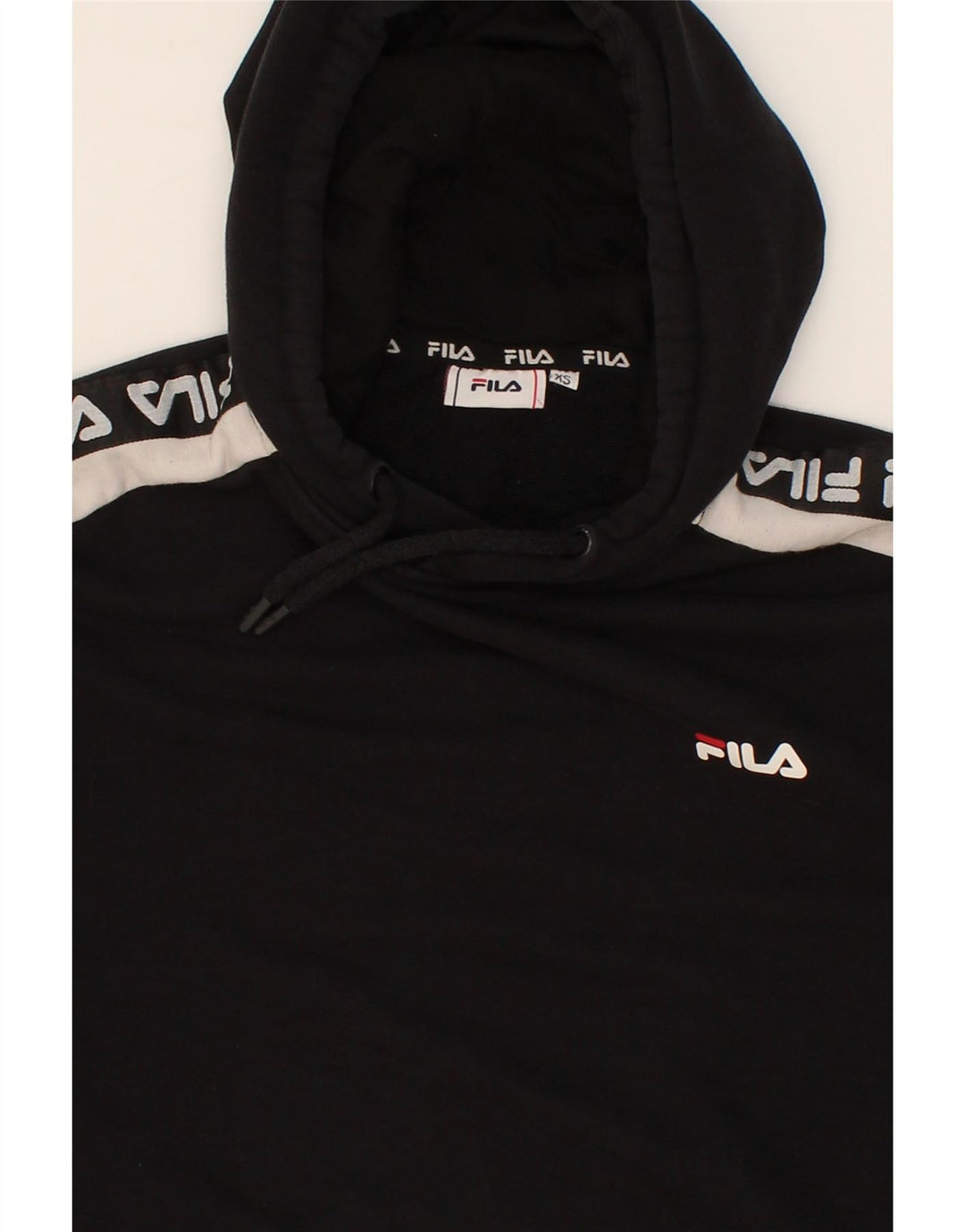 FILA Mens Graphic Hoodie Jumper XS Black Vintage Fila and Second-Hand Fila from Messina Hembry 