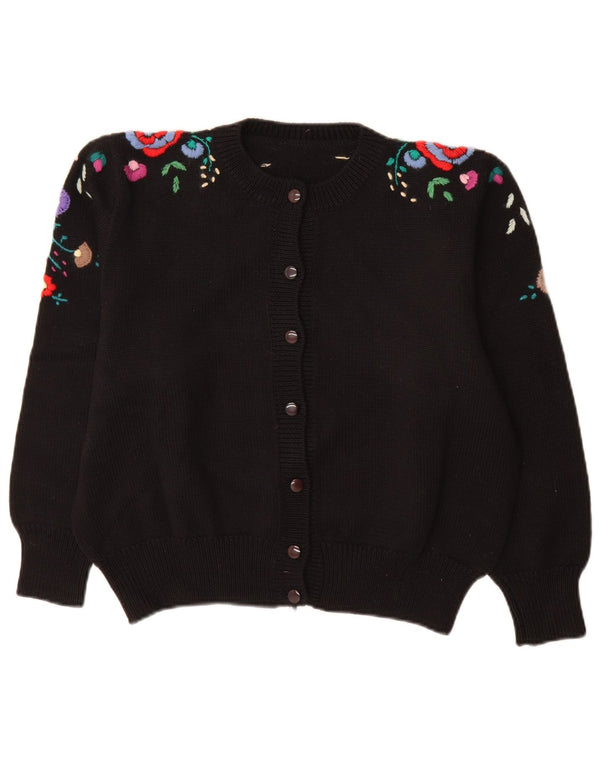 vintage Femmes 3/4 Manches Cardigan Pull UK 14 Grand Noir Floral