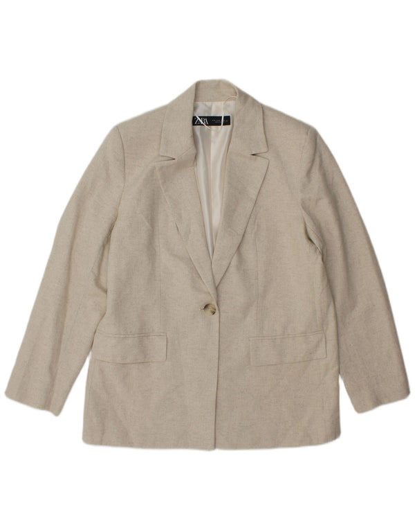 Zara Womens 1 Button Blazer Jacket UK 14 Acétate à chevrons beige moyen