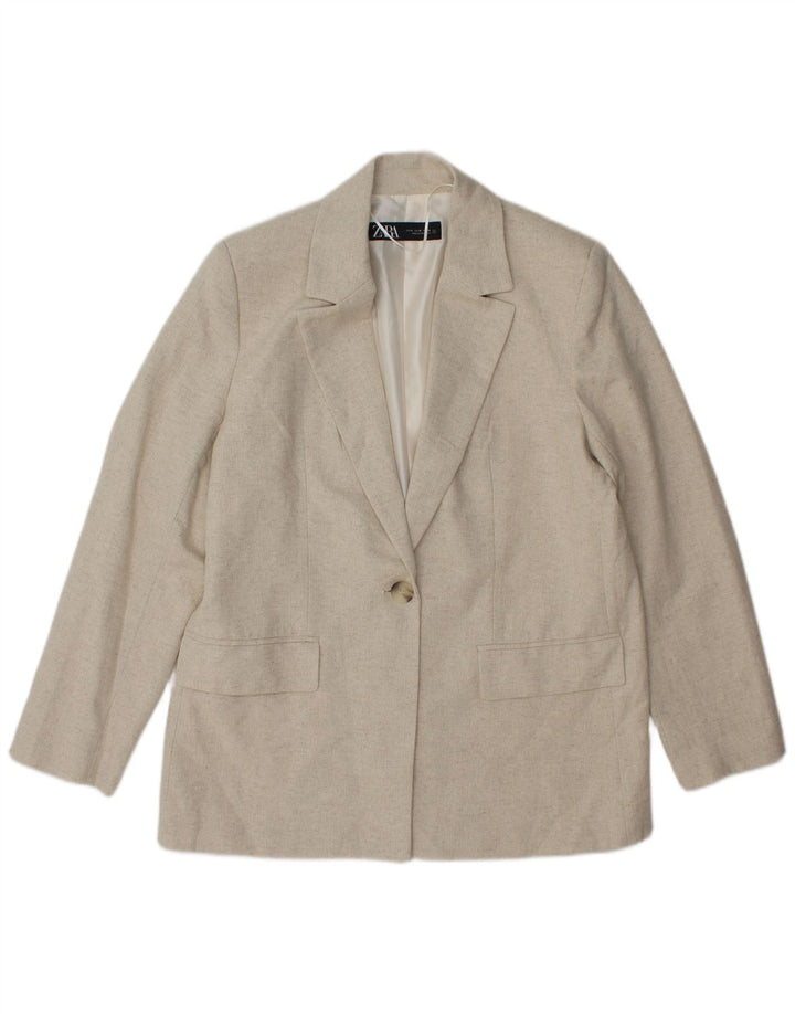 Zara Womens 1 Button Blazer Jacket UK 14 Acétate à chevrons beige moyen