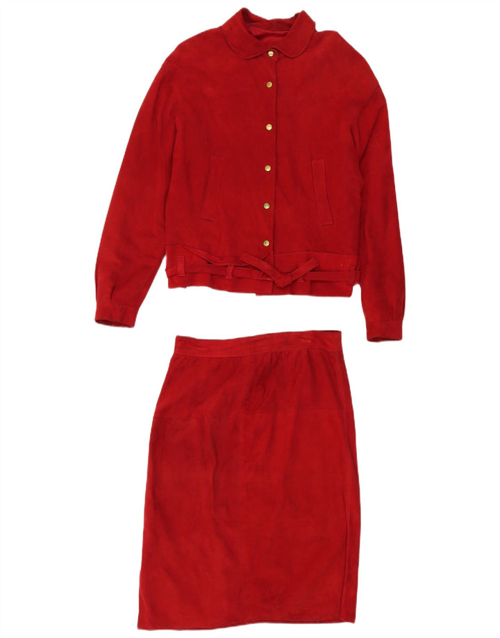 VINTAGE Femme Daim 2 Pièces Jupe Ensemble UK 14 Moyen W30 Cuir Rouge