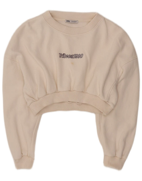 Zara Womens Crop Graphic Sweatshirt Jumper UK 10 Petit coton blanc cassé