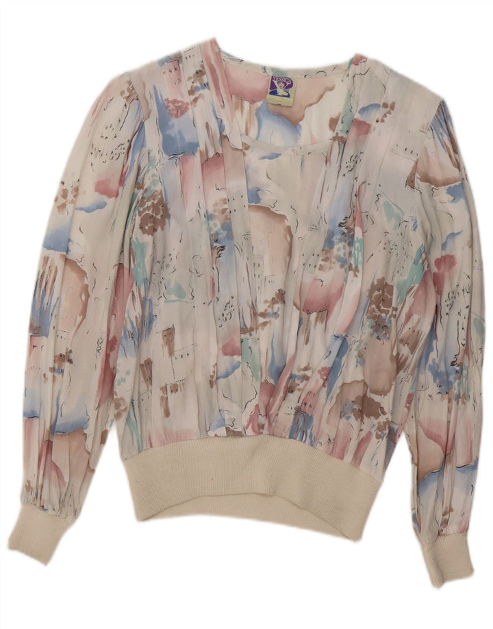 C & A Chemisier à manches longues à motif abstrait pour femme UK 44 Blanc moyen