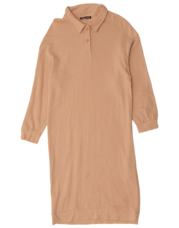 Zara Robe polo à manches longues pour femme UK 10 Petit coton beige
