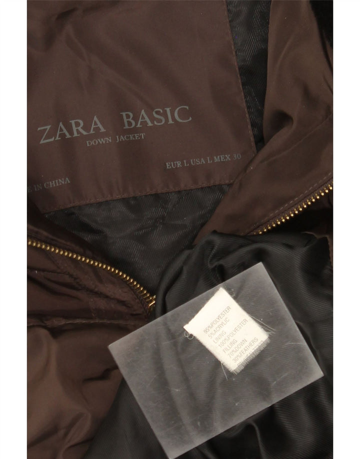 Zara Veste matelassée à capuche pour femme UK 14 Large Marron Polyester