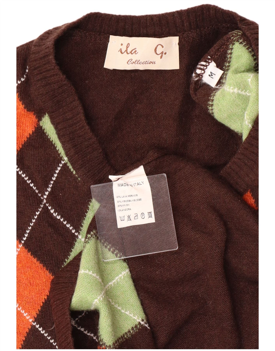 VINTAGE Pull col V femme UK 12 Marron moyen Argyle/Diamant