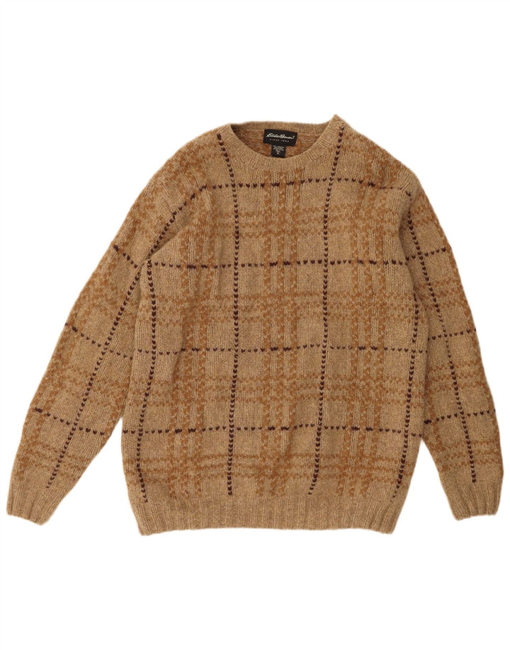 Eddie Bauer Pull col rond pour homme XL en laine d'agneau à carreaux marron