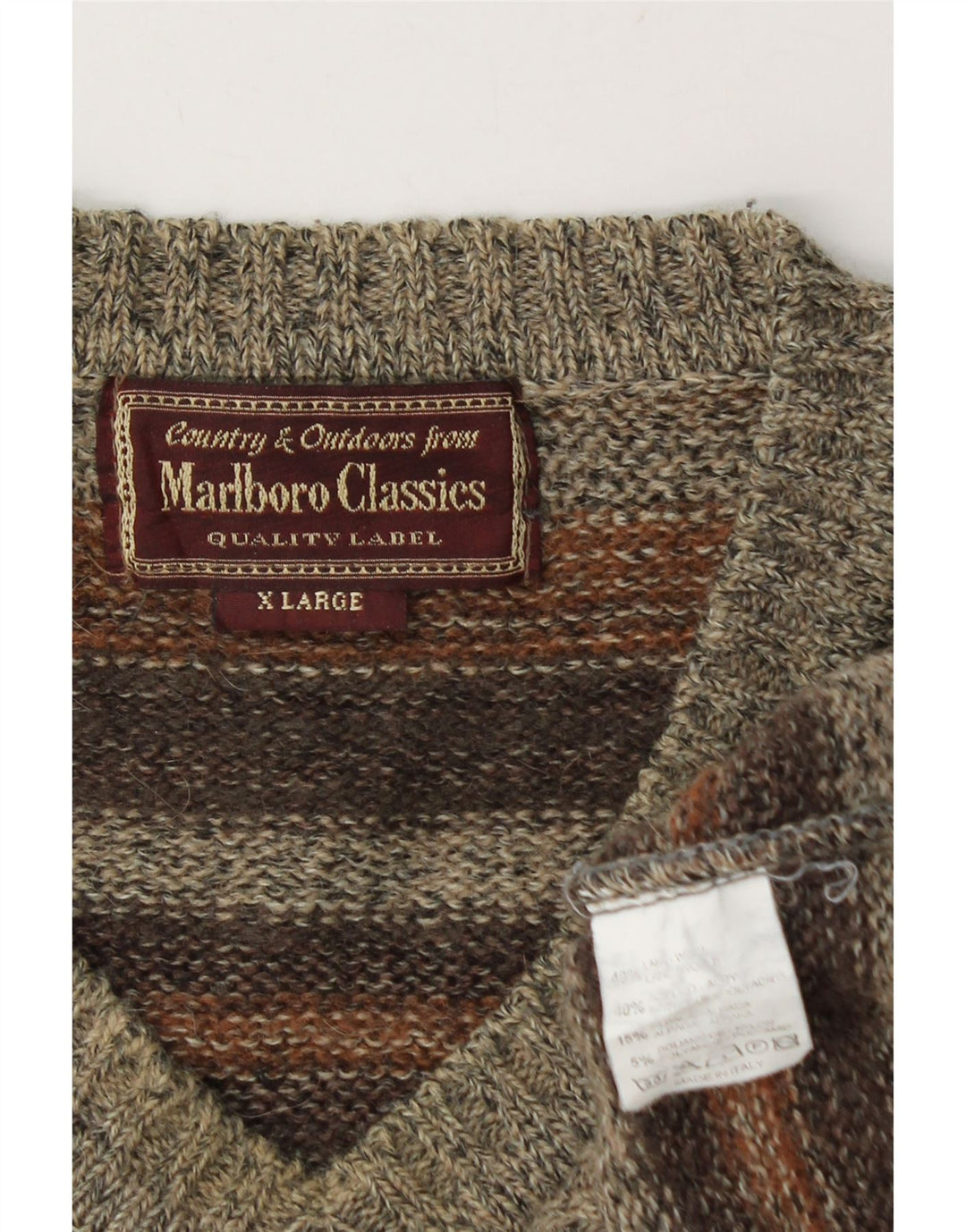 MARLBORO CLASSICS Pull Col V Homme XL Laine Rayée Marron