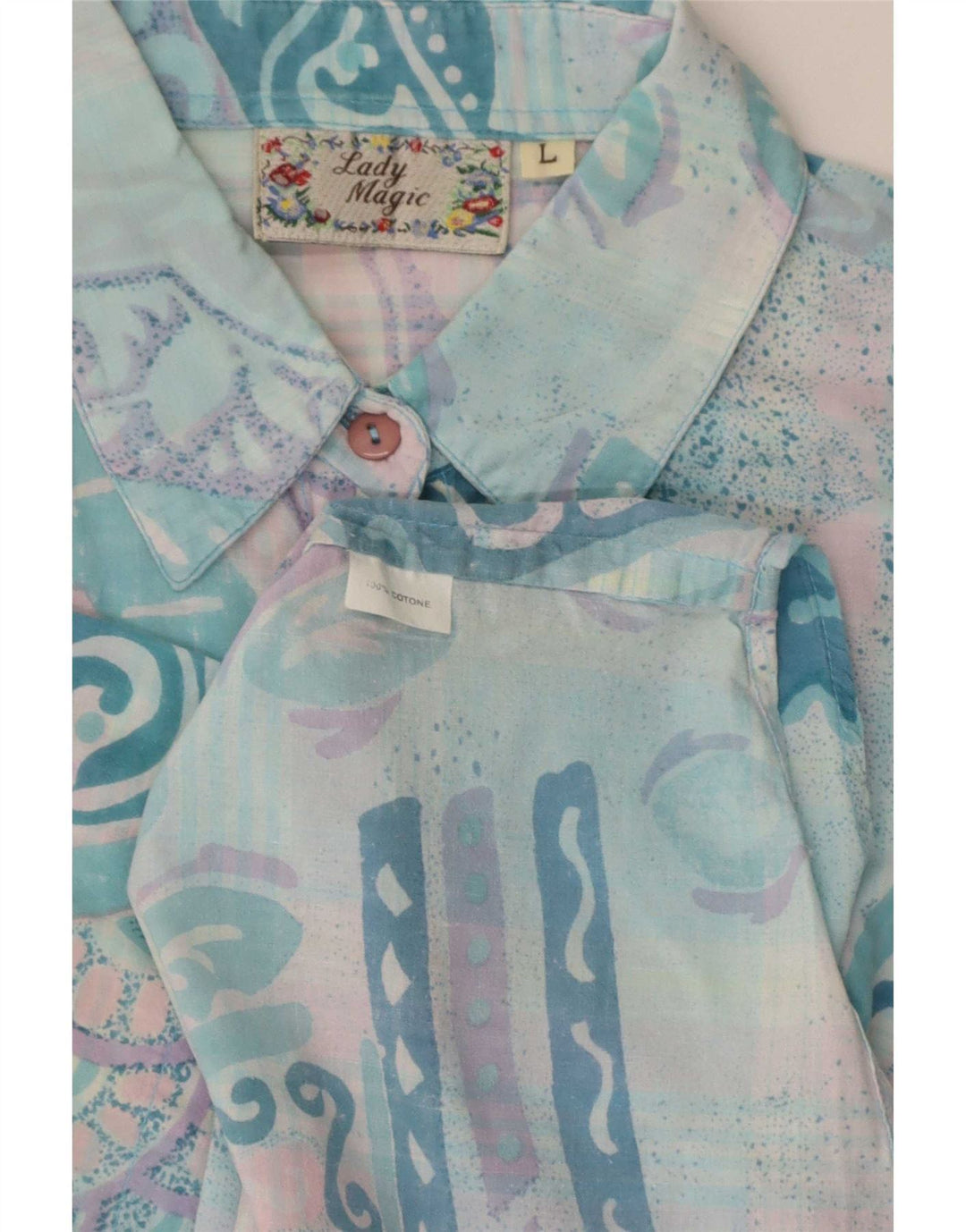 vintage Femme Chemise à manches courtes UK 14 Grand Turquoise Patchwork Rétro