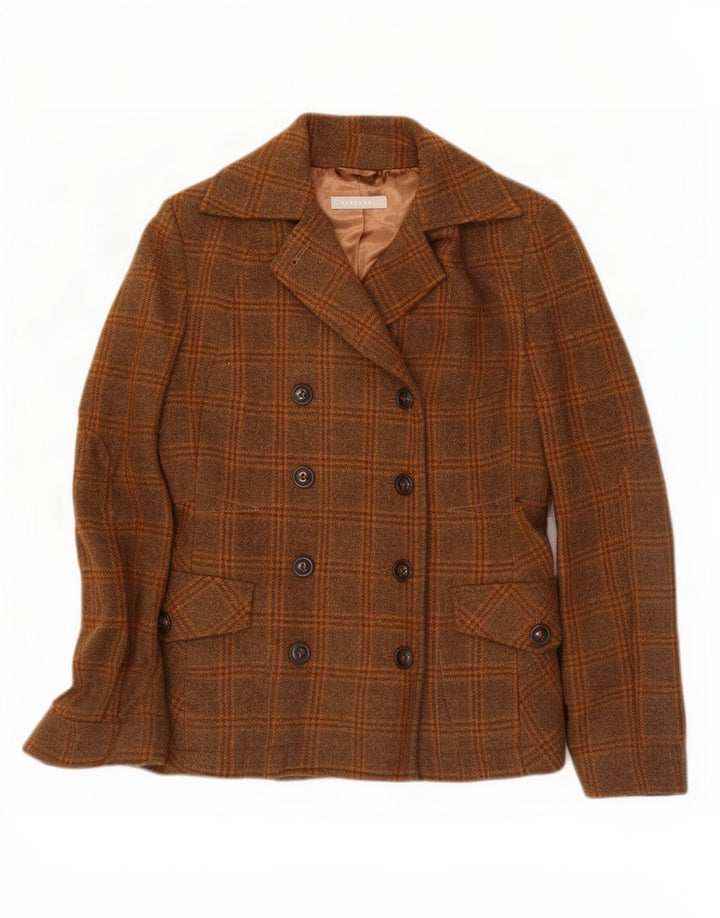 Stefanel Veste blazer double boutonnage pour femme UK 10 Petite laine à carreaux marron