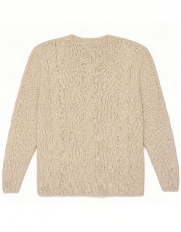 Pull vintage à col en V pour femme UK 8 Petit coton blanc