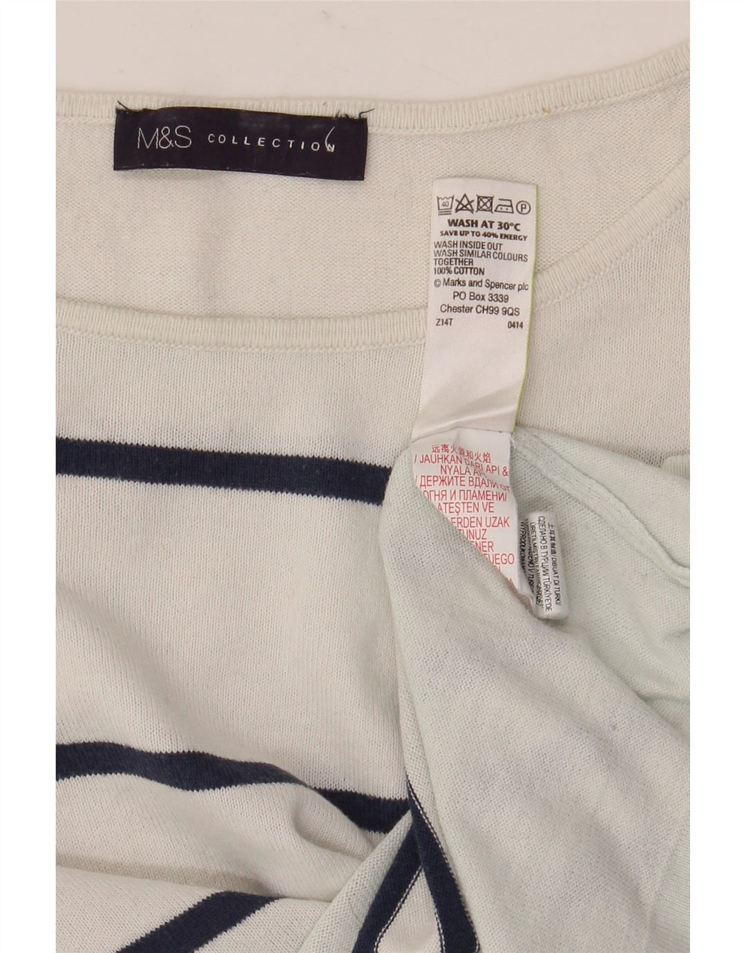 Marks & Spencer Haut à manches longues pour femme UK 8 Petit coton rayé blanc