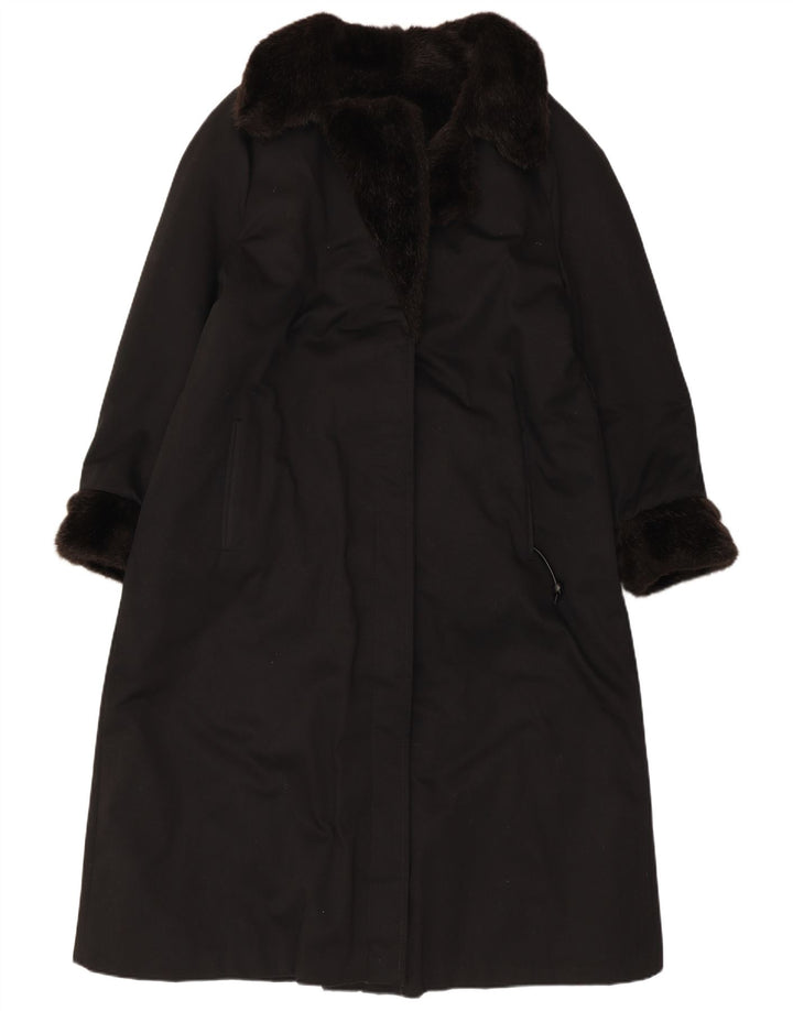 VINTAGE Femmes Fausse Fourrure Pardessus UK 12 Moyen Noir Acrylique