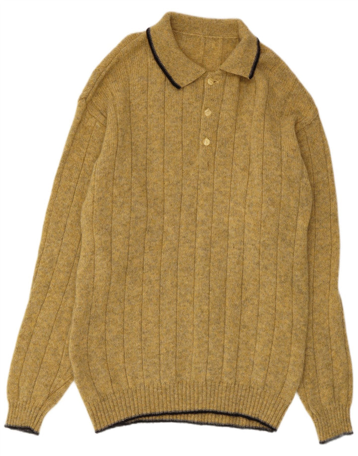 vintage Mens Polo Neck Jumper Pull Moyen Jaune Laine