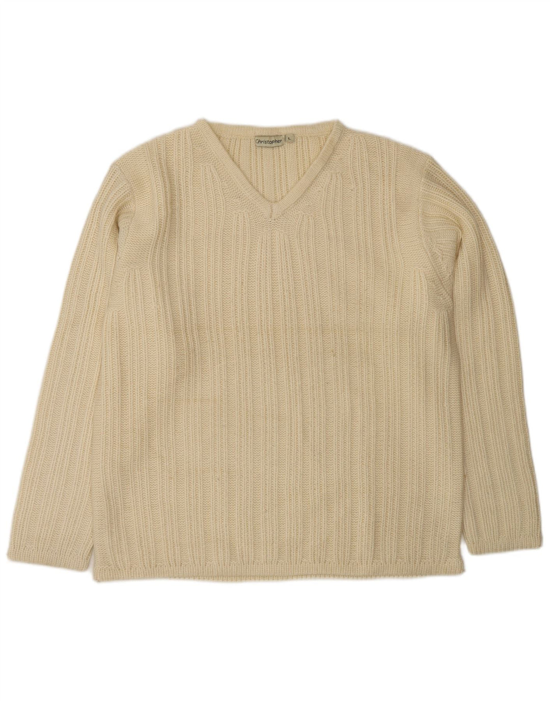 VINTAGE Homme Col V Pull Pull Grande Laine Blanc Cassé