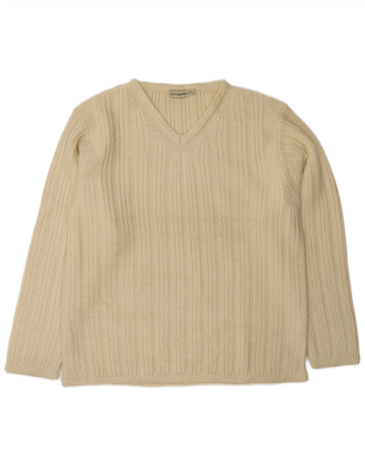 VINTAGE Homme Col V Pull Pull Grande Laine Blanc Cassé