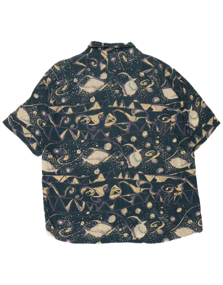 Vintage homme motif abstrait chemise à manches courtes XL bleu Viscose rétro