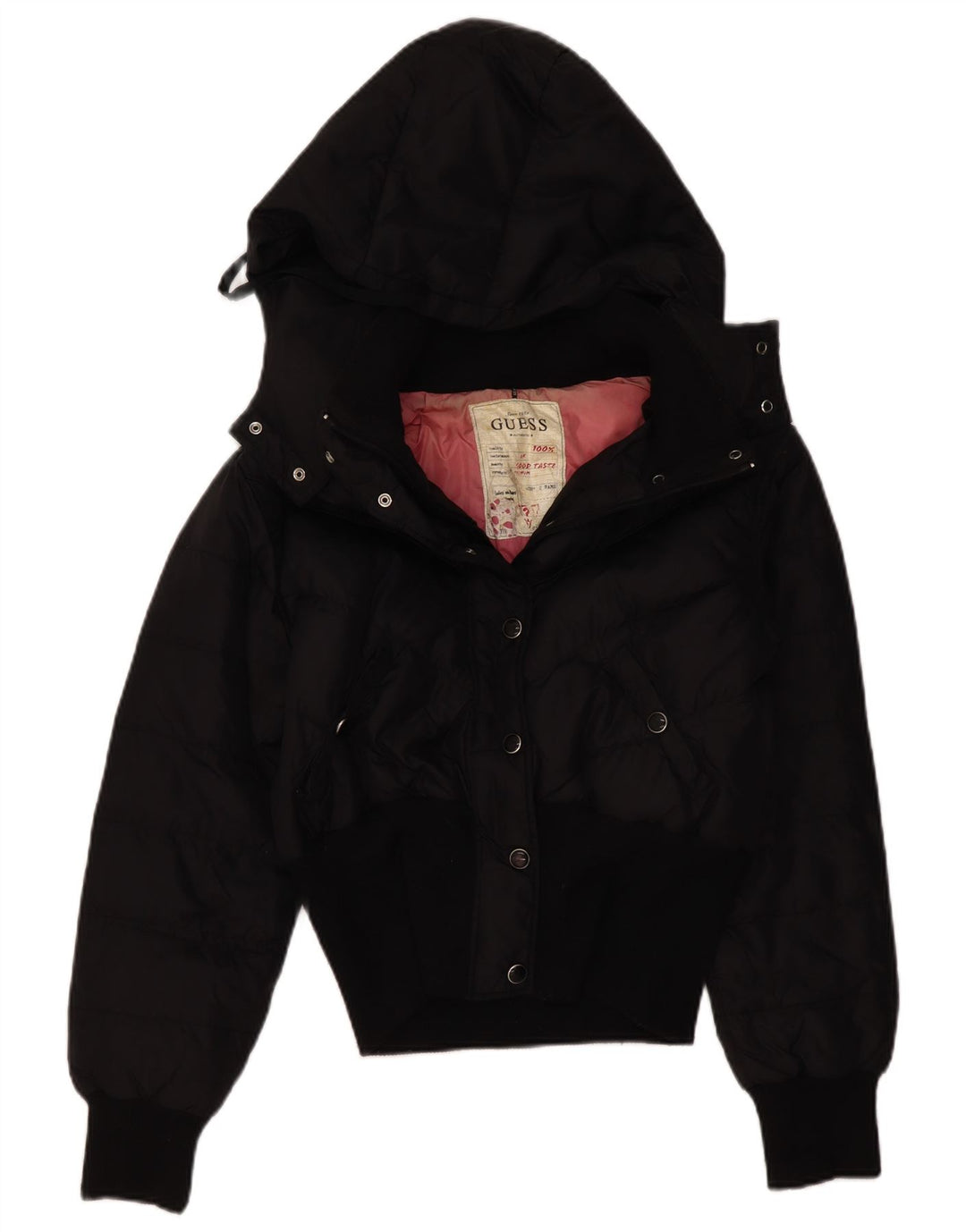 GUESS Veste matelassée à capuche pour femme UK 16 Large Noir Polyamide