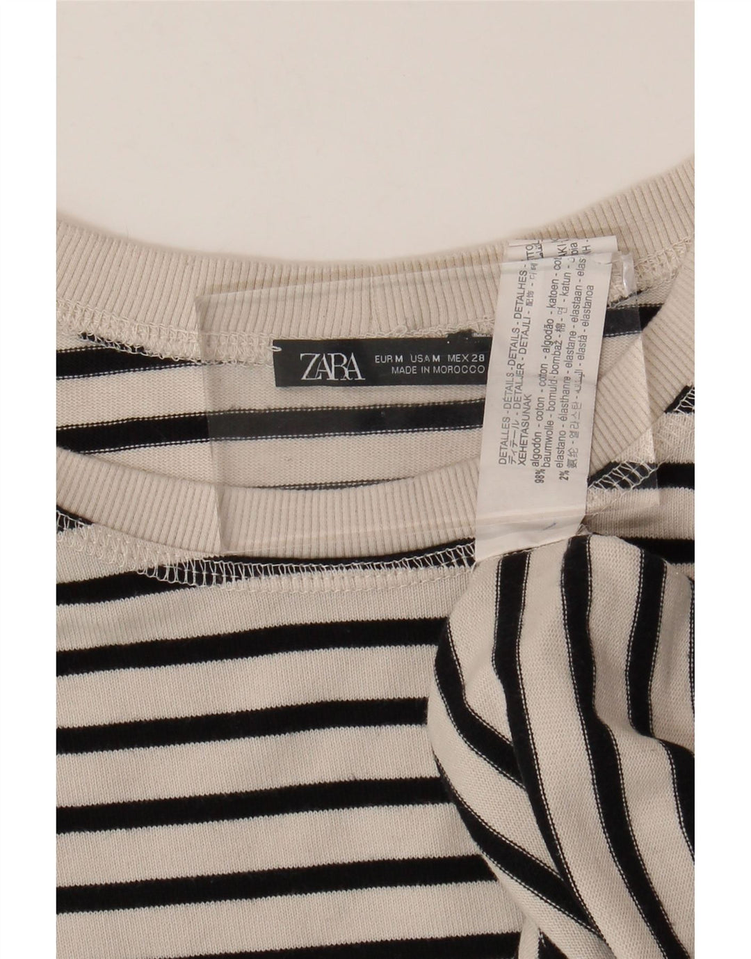 Zara Femme Top Manches Longues UK 14 Moyen Blanc Rayé Coton