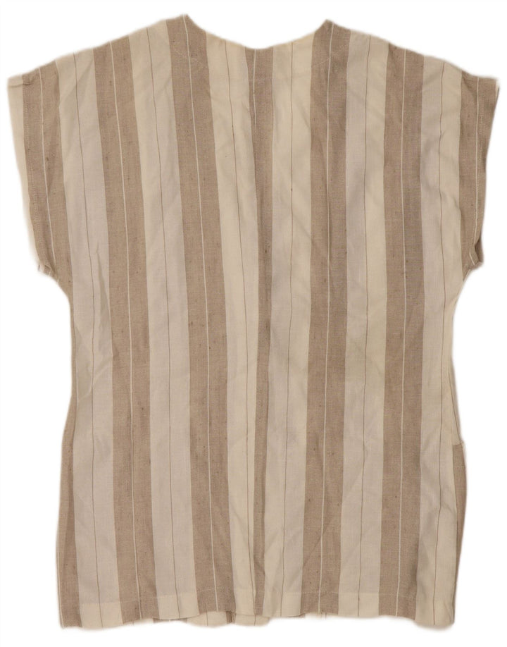 vintage Femme Chemise à manches courtes Blouse UK 14 Lin rayé beige moyen