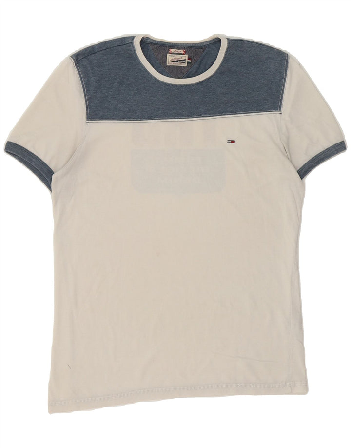 TOMMY HILFIGER Mens Graphic T-Shirt Top Medium White Colourblock Polyester Vintage Tommy Hilfiger and Second-Hand Tommy Hilfiger from Messina Hembry 
