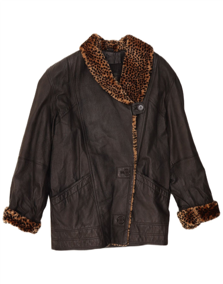 VINTAGE Femmes Manteau en cuir surdimensionné UK 10 Petit imprimé animal noir