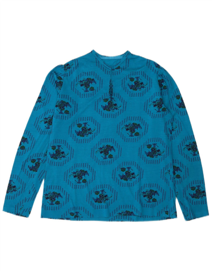 vintage Femmes Graphique Top Manches Longues UK 14 Moyen Bleu Floral