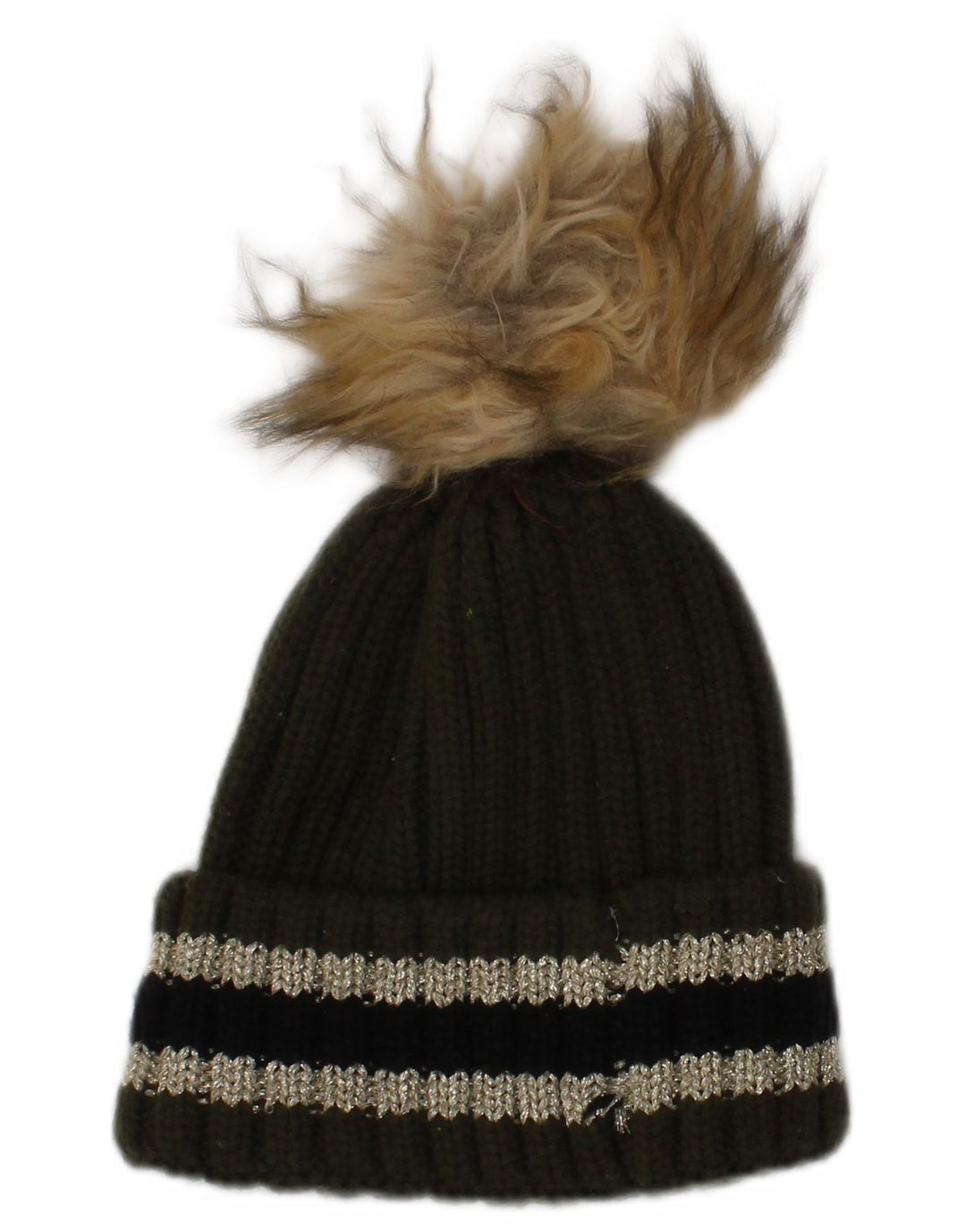 Superdry Bonnet à Pompon en Tricot pour Femme Taille Unique Kaki Rayé Hiver