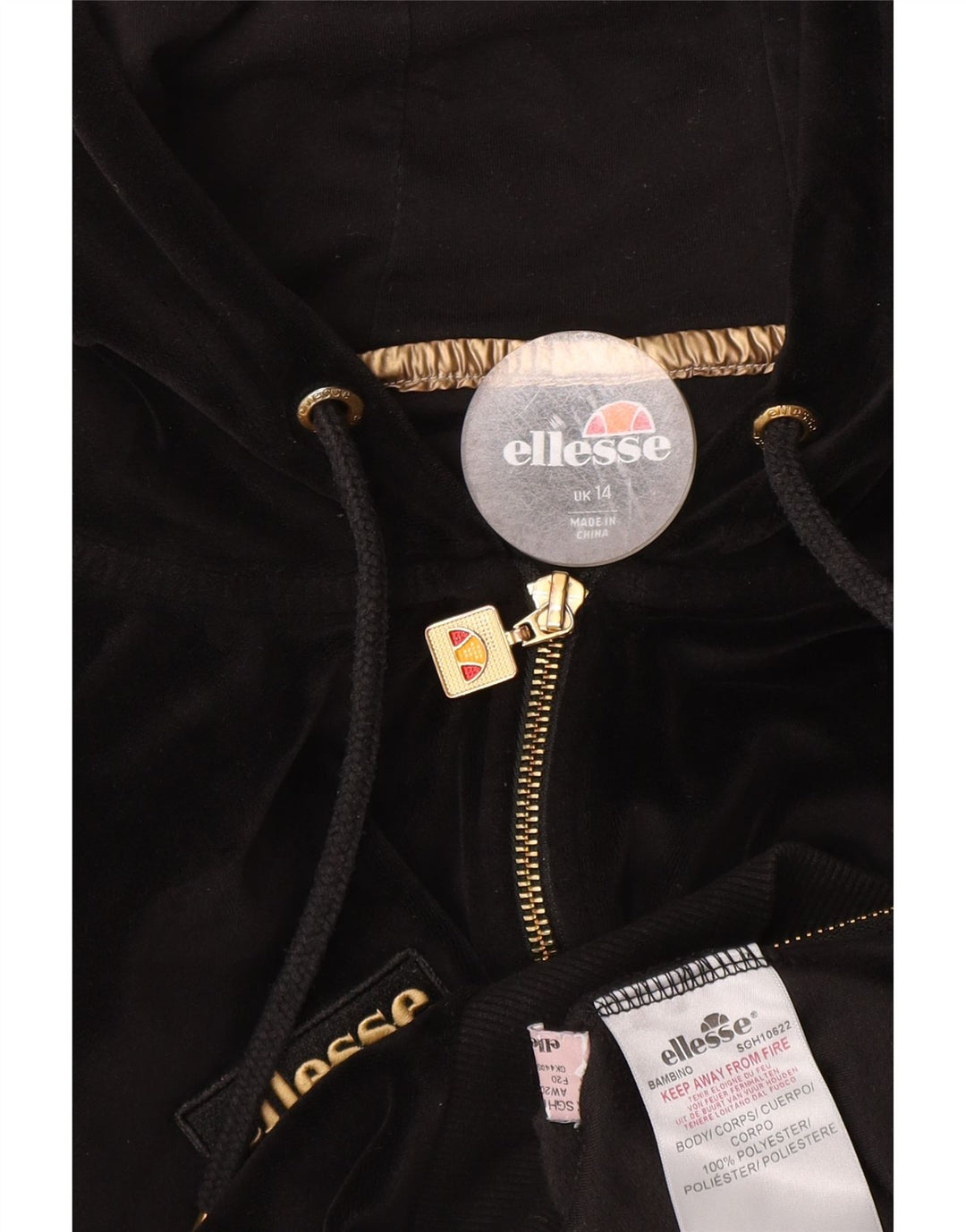 Ellesse Pull à capuche zippé en velours pour femme UK 14 Large Noir Polyester